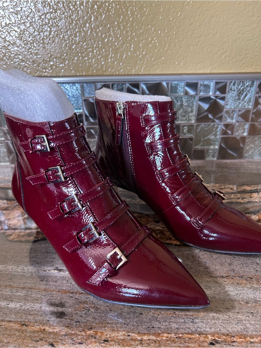 Nine West Burgundy Patent Pointed-Toe Ankle Boots with Buckle Straps
